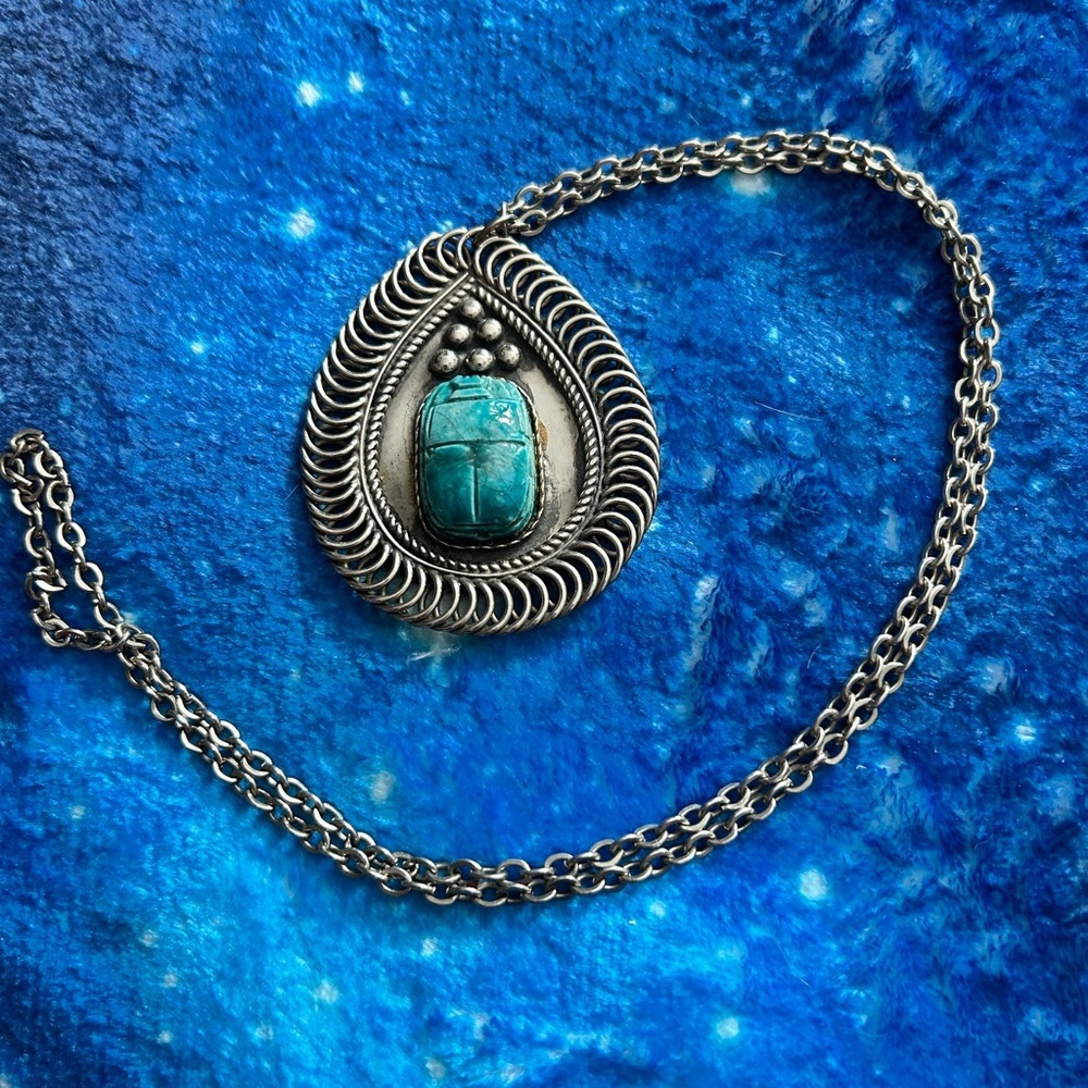 Silver and Turquoise Pendant Necklace scarab beetle